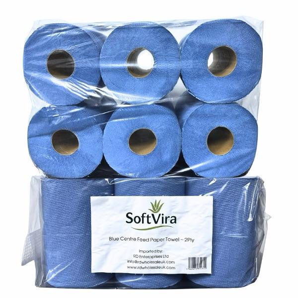 Blue centrefeed Roll Strong 2-ply construction 340 sheets 38gsm pack of 6