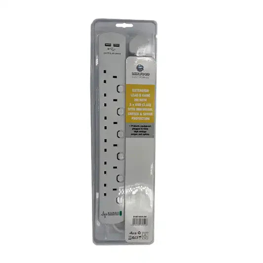 6 GANG 2M EXTENSION LEAD WITH 2 USB CHARGING PORTS WITH SURGE PROTECTION WITH INDIVIDUAL SWITCH